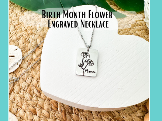 Birth Month Flower Necklace- Engraved Stainless Steel