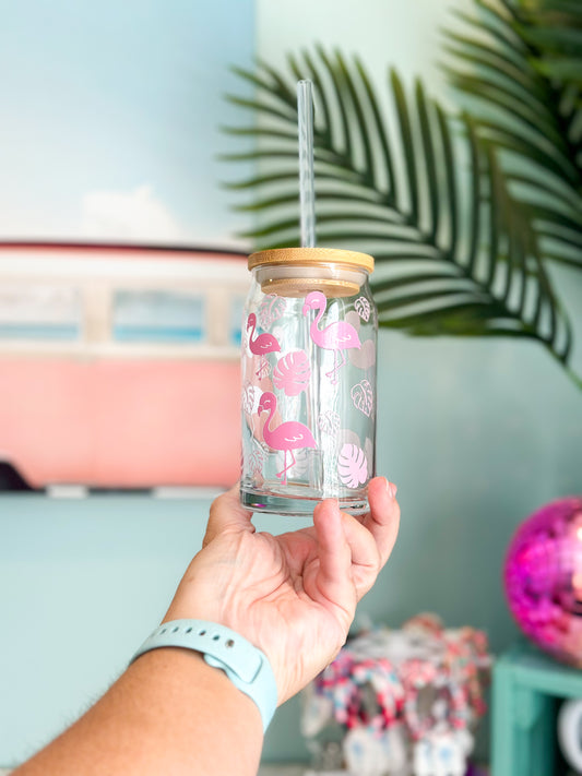 Pink Flamingos- Glass Can Cup