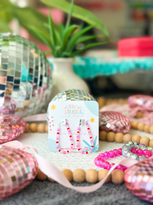 Beaded Hoop Earrings- Pink Mix
