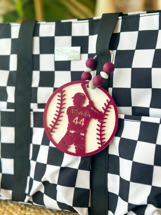 Laser Cut Acrylic Baseball Tag with Player Silhouette and Custom name and number made in team colors