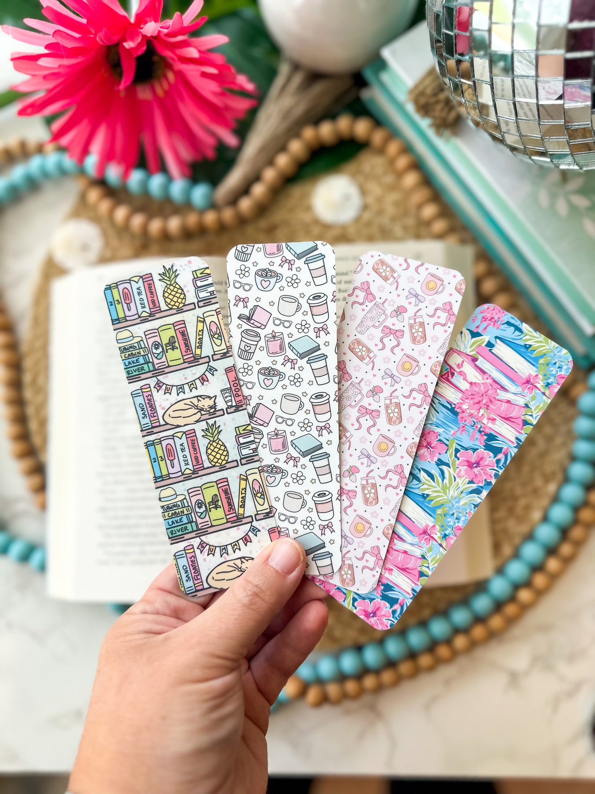Bookmarks with books and coffee themes