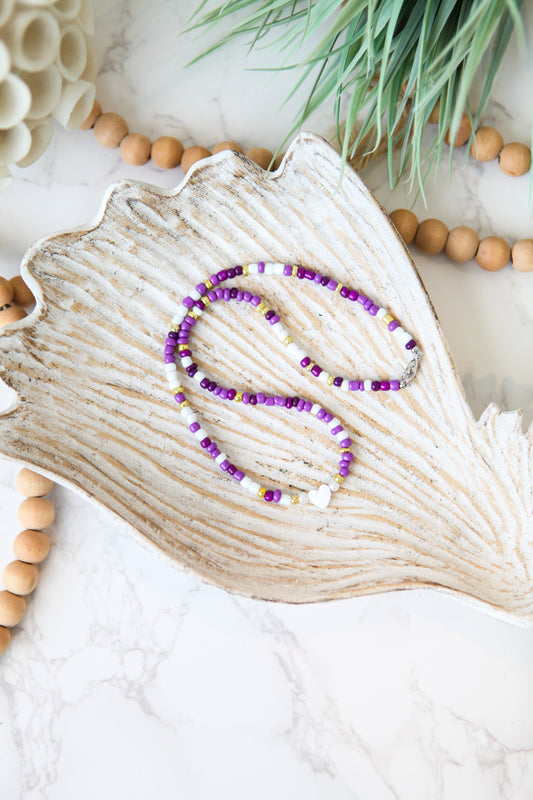 Purple Love Heart Seed Bead Necklace