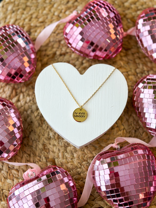 Roman Numeral Date Necklace- Engraved Stainless Steel