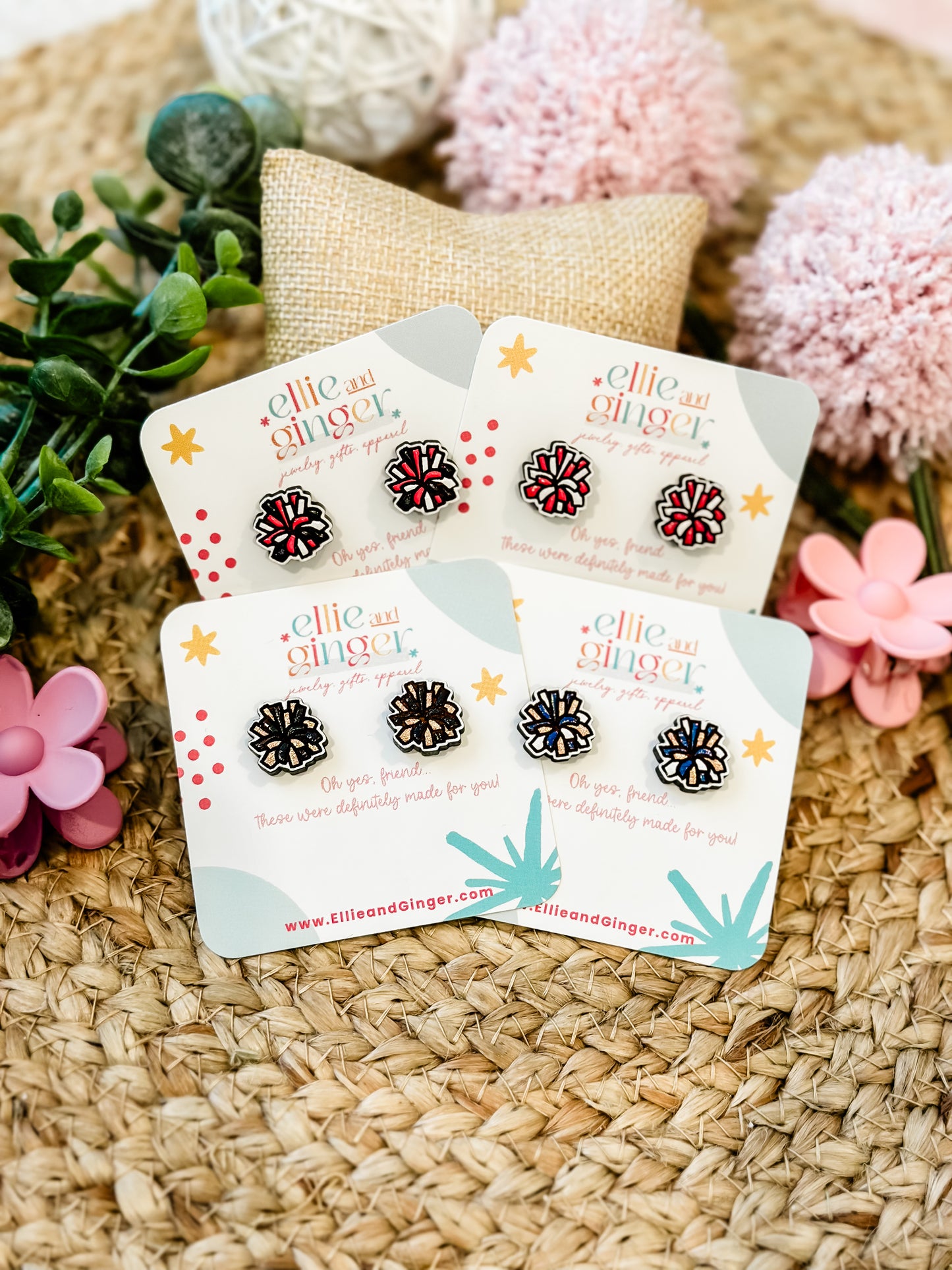 Custom Cheer Pom Pom Stud Earrings- Handpainted Wood Earrings