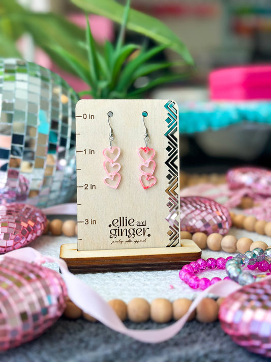 Pink Triple Heart Stack Dangle Earrings