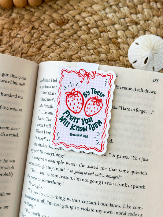 Magnetic Bookmark- Matthew 7:16, Strawberries, By their fruit you will know them bible verse bookmark