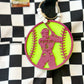 Custom Acrylic Softball Bag Tag with Player Name and Number in Team Color on Softball yellow back