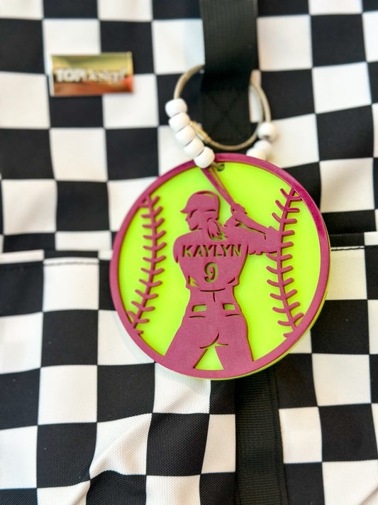 Custom Acrylic Softball Bag Tag with Player Name and Number in Team Color on Softball yellow back