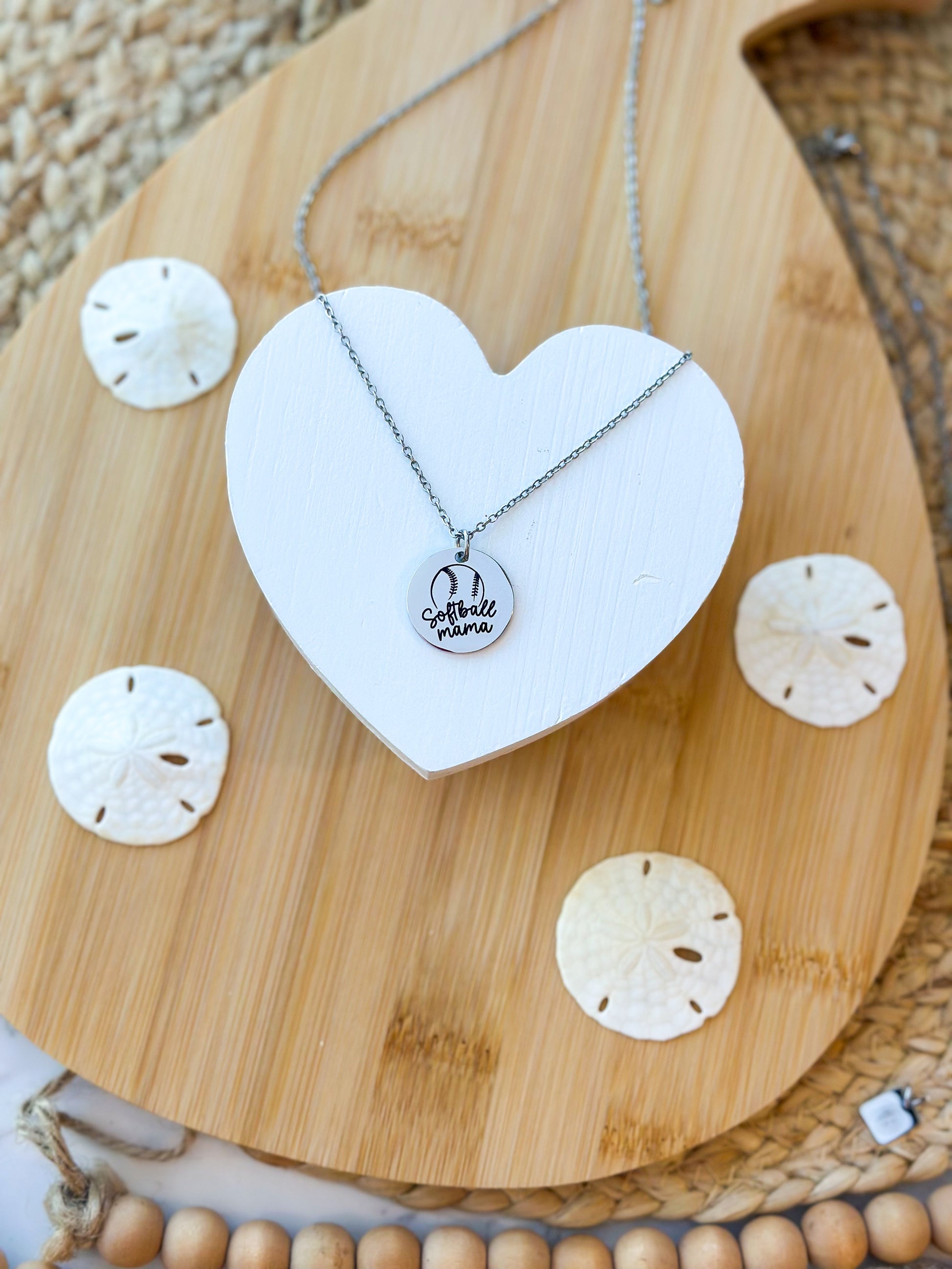 Necklace with Round Stainless Steel Pendant laser engraved with Softball Mama