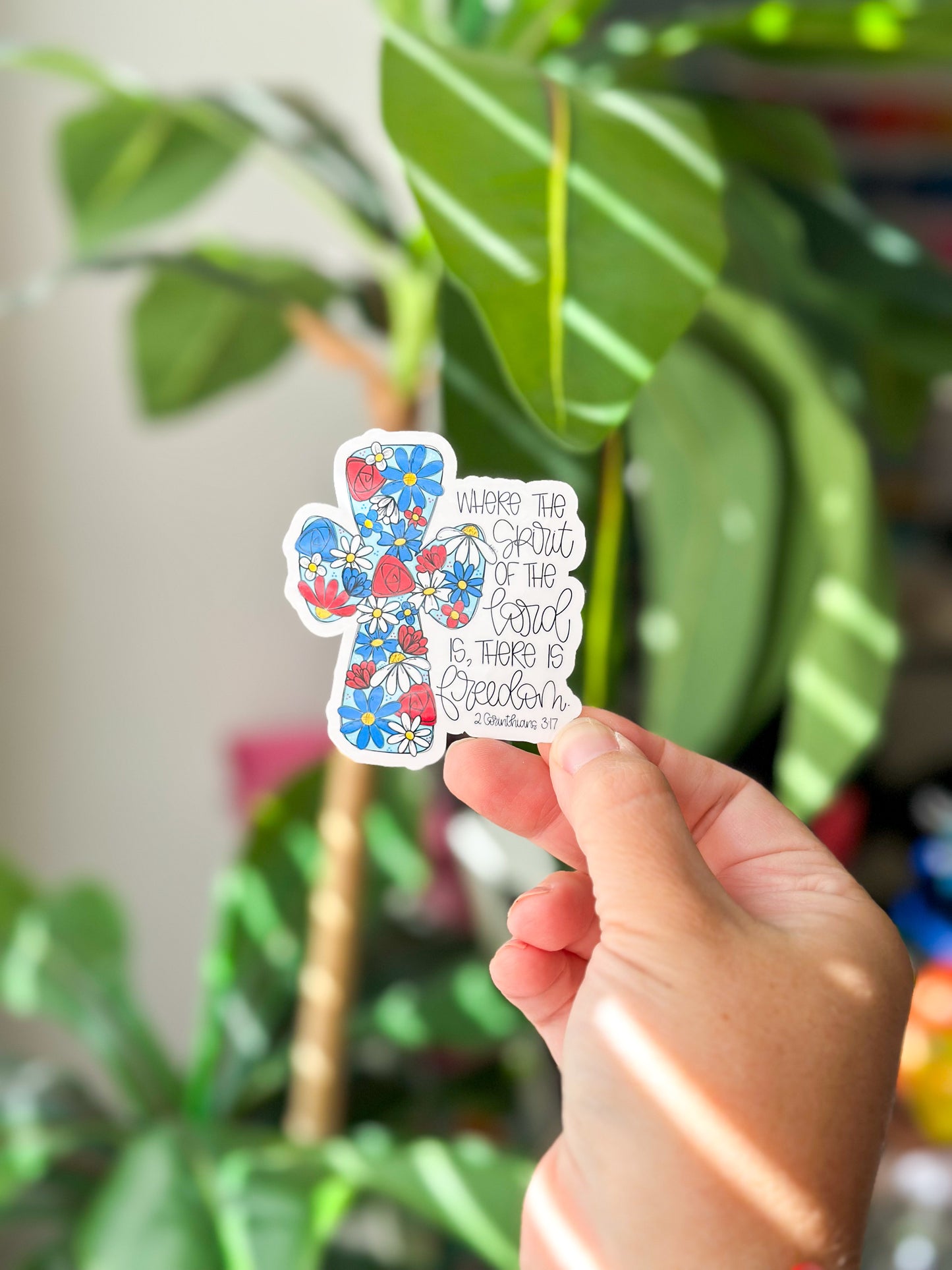 Sticker- 2 Corinthians 3:17, patriotic flowers