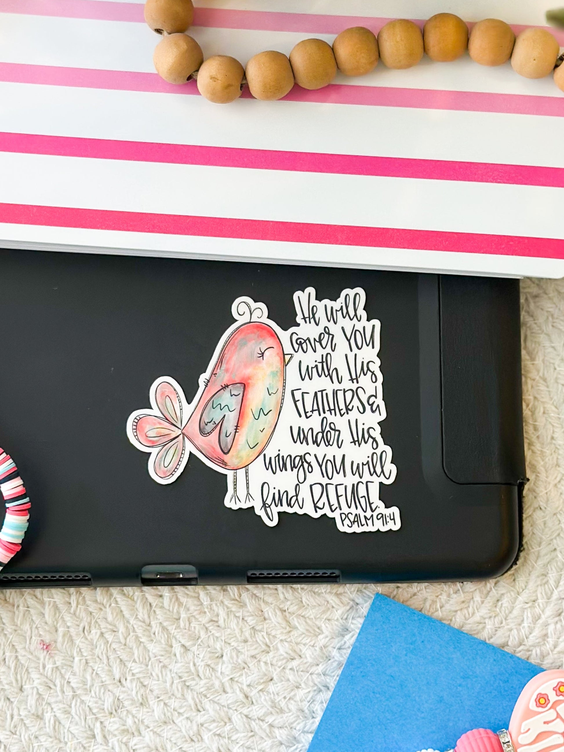 Sticker- Psalm 91:4 with a cute bird